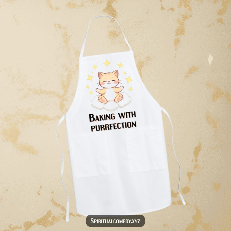 Funny apron featuring a cat meditating on a cloud surrounded by shimmering stars, perfect for chefs who appreciate zen.