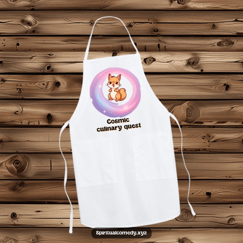 Funny apron displaying a determined squirrel on a cosmic journey up a spiral galaxy, adding humor to kitchen tasks.
