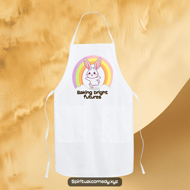 Funny apron featuring a bunny hopping through a rainbow portal with a joyful expression, perfect for chefs who love whimsy.