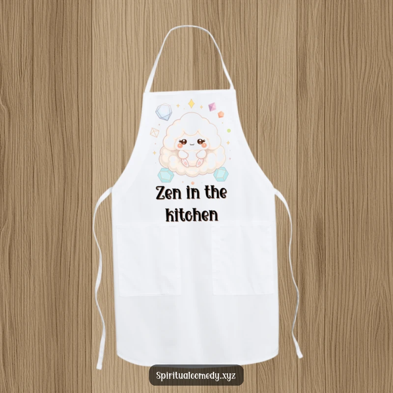 Funny apron with a fluffy cloud creature meditating peacefully with sparkling eyes amid geometric shapes, ideal for humorous cooking.