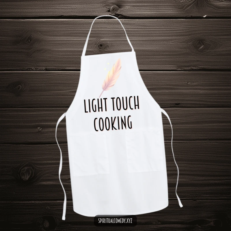 Funny apron with a single, elegantly drawn feather descending gently through soft diffused light, ideal for humorous kitchen use.