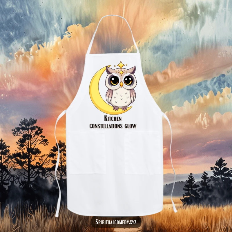 Funny apron with a starry celestial owl with wide, curious eyes on a crescent moon, ideal for humorous and magical cooking.
