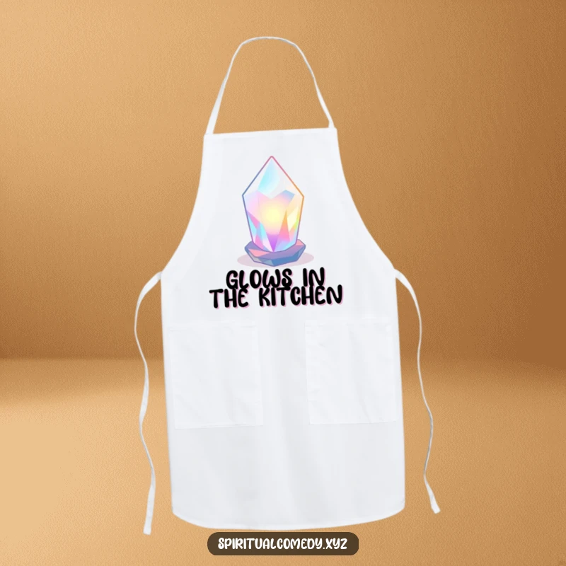Funny apron with a stylized, luminous crystal radiating soft colored light in a tranquil space, ideal for humorous cooking.