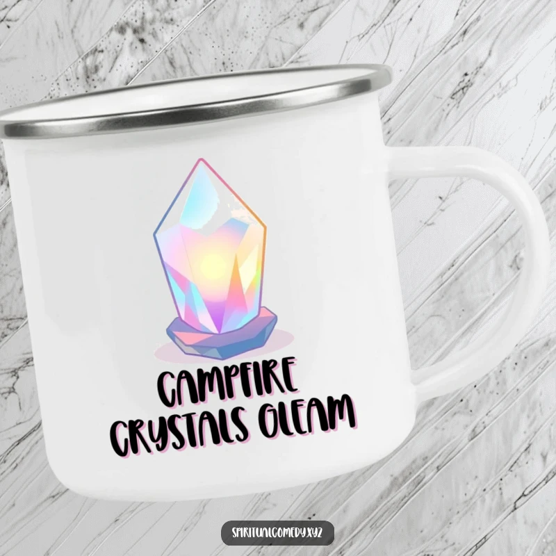 Funny camping mug with a stylized, luminous crystal radiating soft colored light in a tranquil space, perfect for humorous outdoor enjoyment.