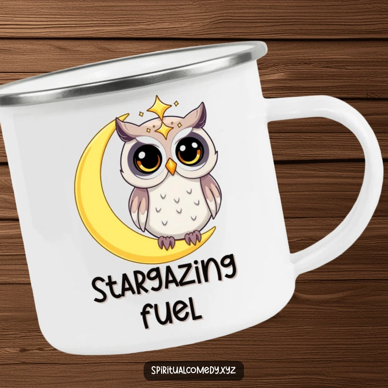Funny camping mug with a starry celestial owl with wide, curious eyes on a crescent moon, perfect for humorous outdoor enjoyment.