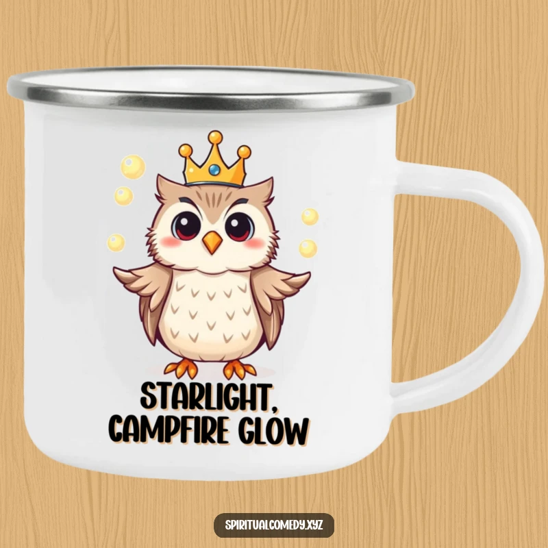 Funny camping mug featuring a crowned owl juggling glowing orbs of light, ideal for magical outdoor adventures.