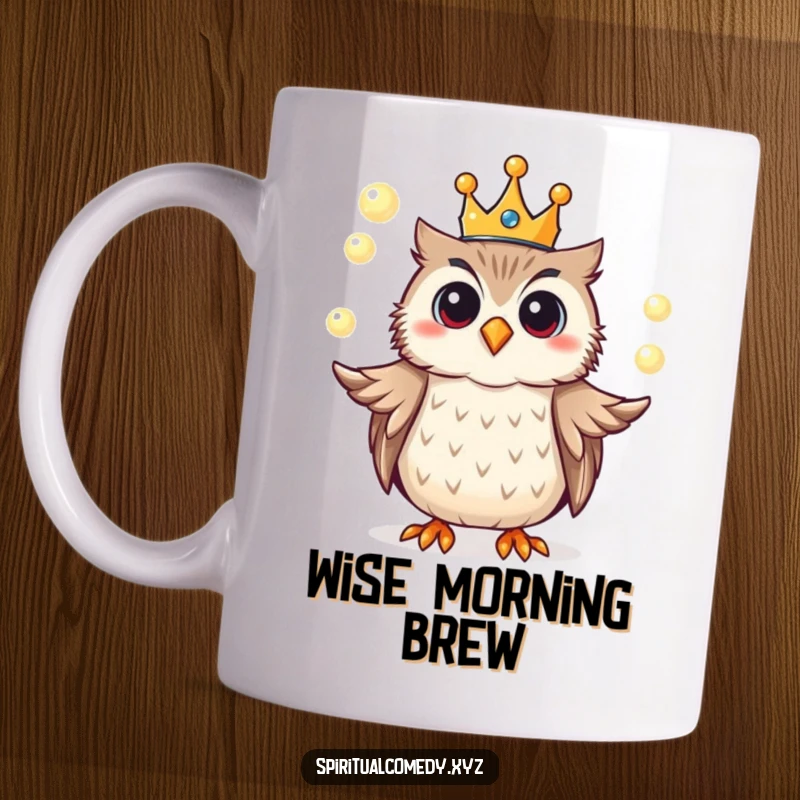 Funny mug featuring a cheerful owl king wearing a tiny crown, juggling glowing orbs of light with playful skill.