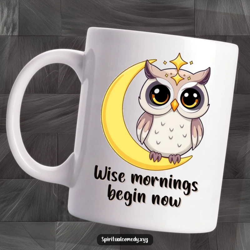 Funny mug featuring a starry celestial owl with wide, curious eyes perched on a crescent moon, a magical gift for owl lovers.