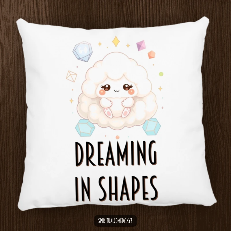 Funny pillow featuring a fluffy cloud creature meditating peacefully with sparkling eyes amongst geometric shapes, offering humorous comfort.