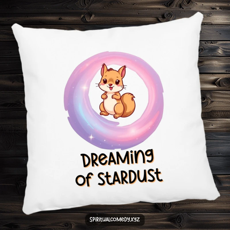 Funny pillow with a cute squirrel climbing a swirling spiral galaxy, offering a humorous and cozy touch to any living space.