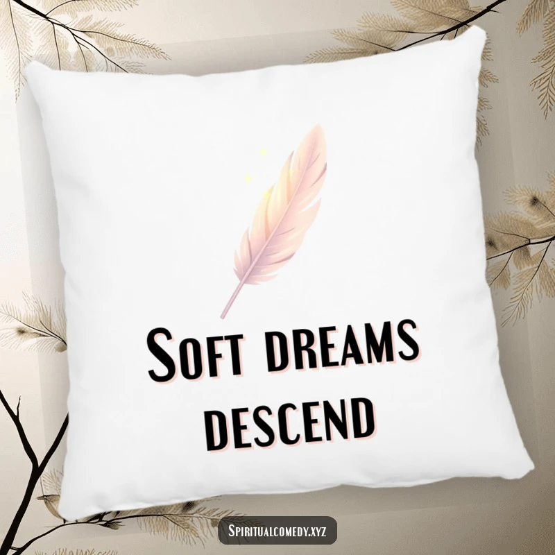 Funny pillow featuring a single, elegantly drawn feather descending gently through soft diffused light, offering cozy elegant humor.