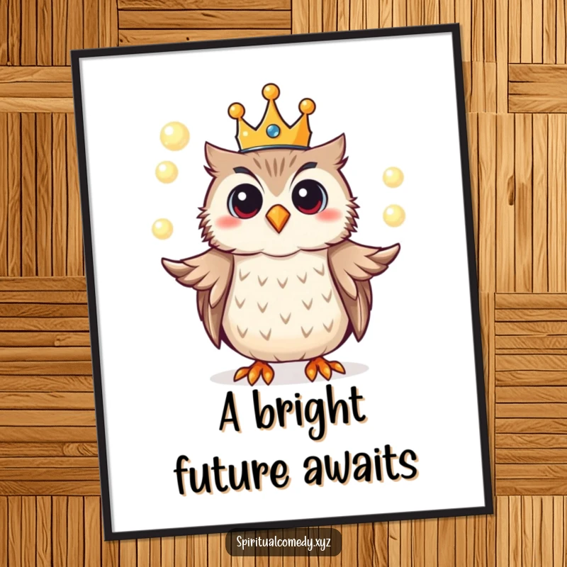 Funny digital art print of a crowned owl juggling glowing orbs of light, ready to be downloaded and framed.