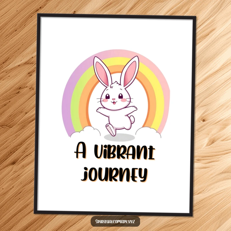 Funny digital art print of a curious bunny with a joyful expression, hopping through a vibrant rainbow portal.