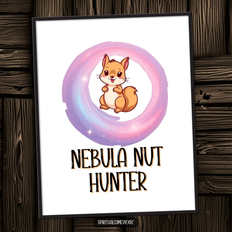 Funny digital art print of a determined squirrel scaling a radiant spiral galaxy, a humorous and awe-inspiring piece for any space.