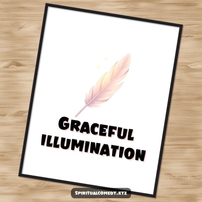 Funny digital art print of a single, elegantly drawn feather descending gently through soft diffused light, elegant humor wall decor.