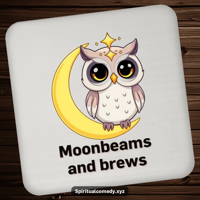 Funny coaster featuring a starry celestial owl with wide, curious eyes on a crescent moon, a humorous and magical table protector.