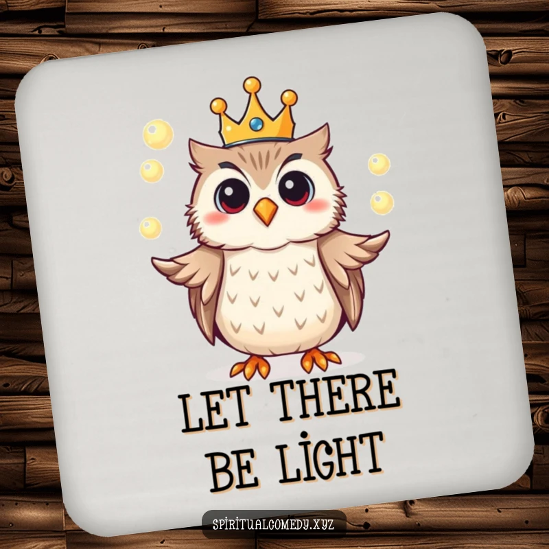Funny drink coaster with a crowned owl juggling glowing orbs of light, protecting surfaces with regal magic.
