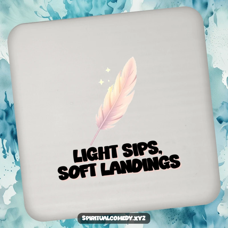Funny coaster featuring a single, elegantly drawn feather descending gently through soft diffused light, an elegant table protector.