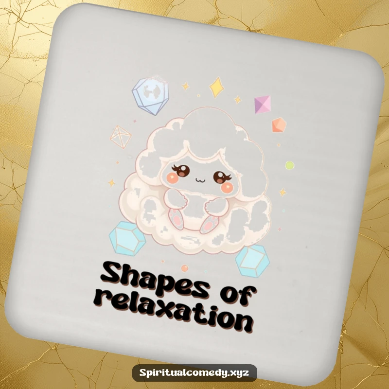 Funny coaster featuring a fluffy cloud creature meditating peacefully with sparkling eyes among geometric shapes, a humorous table protector.