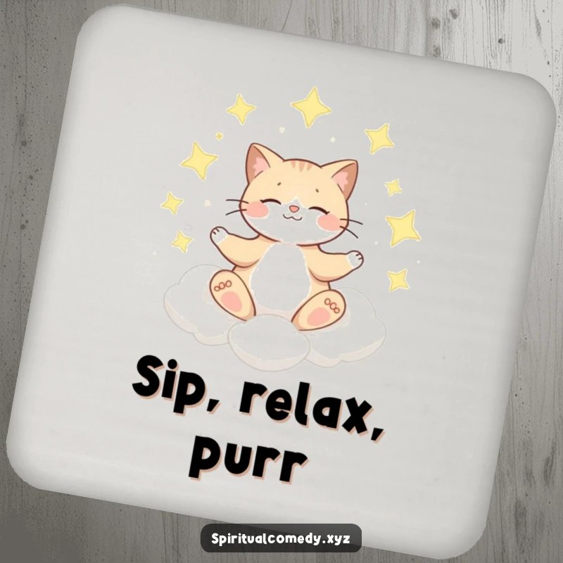 Funny drink coaster with a cat meditating on a cloud surrounded by shimmering stars, protecting surfaces with cosmic calm.