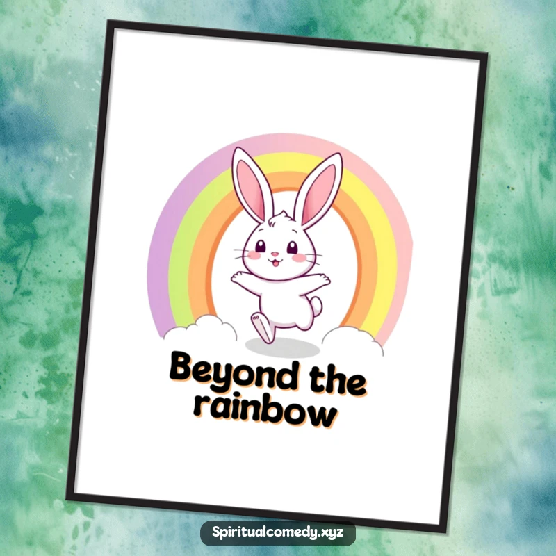 Funny poster art of a curious bunny with a joyful expression, hopping through a dazzling, vibrant rainbow portal.