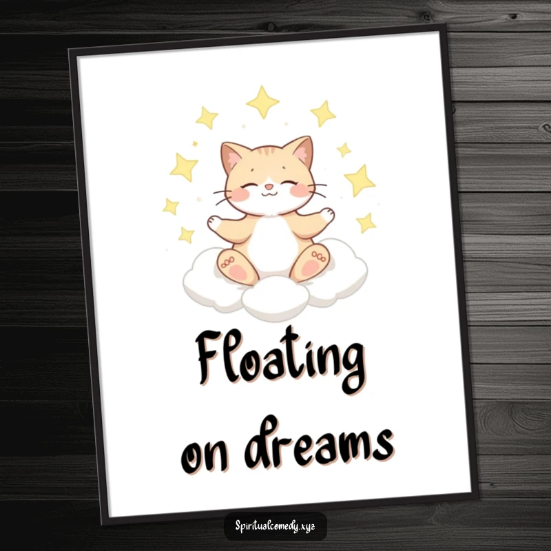 Funny poster art of a playful cat meditating serenely on a cloud, surrounded by shimmering stars in a celestial display.