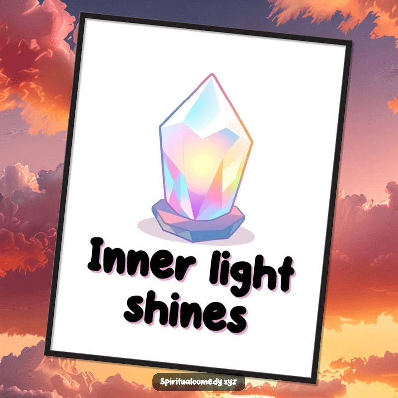 Funny poster of a stylized, luminous crystal radiating soft colored light in a tranquil space, humorous zen wall decor.