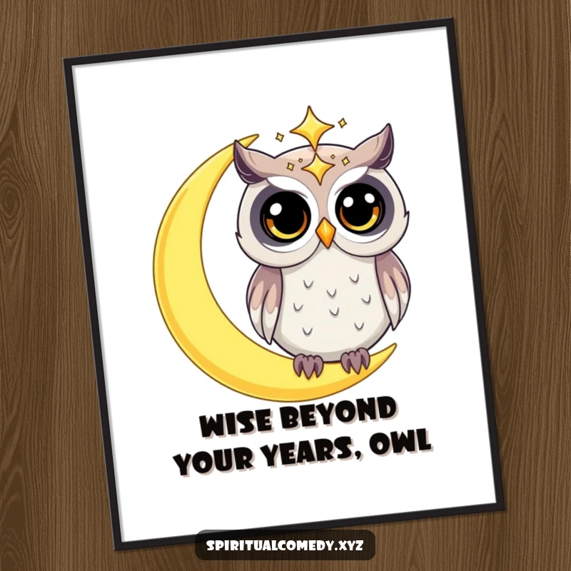 Free Printable Wall Art: Starry celestial owl with curious eyes perched on a crescent moon, dreamy night sky background, downloadable decor.