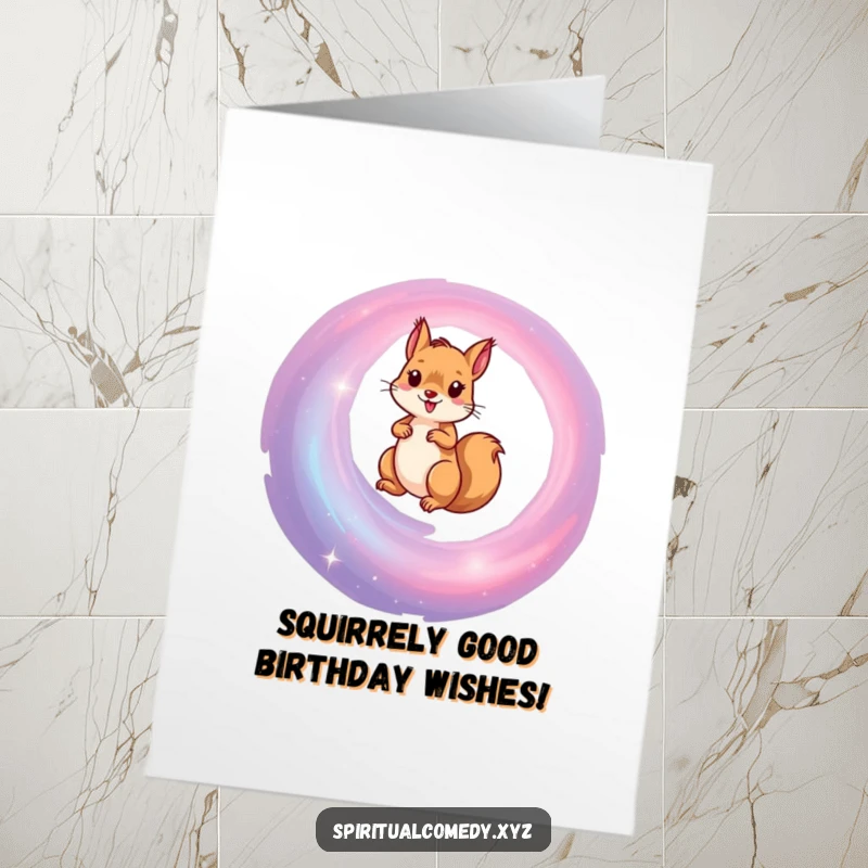 Funny Free Printable Birthday Card: Determined squirrel climbing a galaxy, ready for a stellar celebration, perfect for DIY gifts.