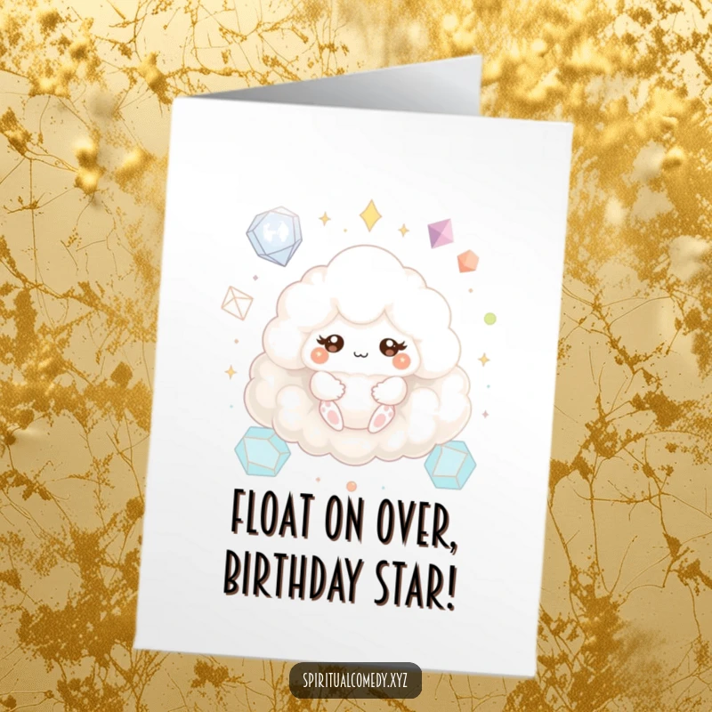 Funny Free Printable Birthday Card: Fluffy cloud creature with sparkling eyes meditating peacefully, geometric shapes floating around.