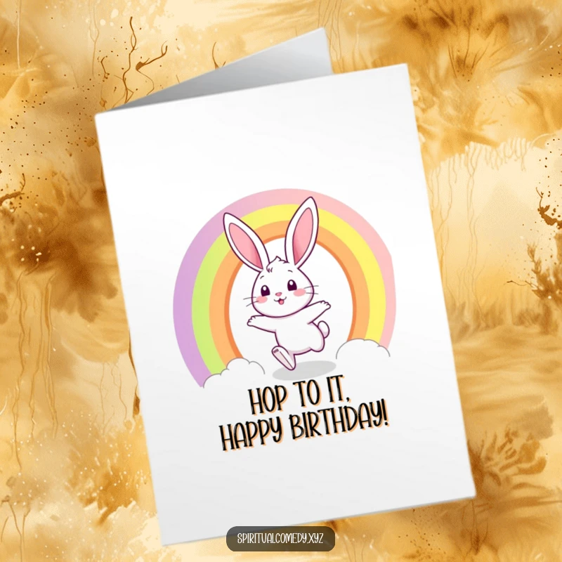 Funny free printable birthday card featuring a joyful bunny hopping through a vibrant rainbow portal.