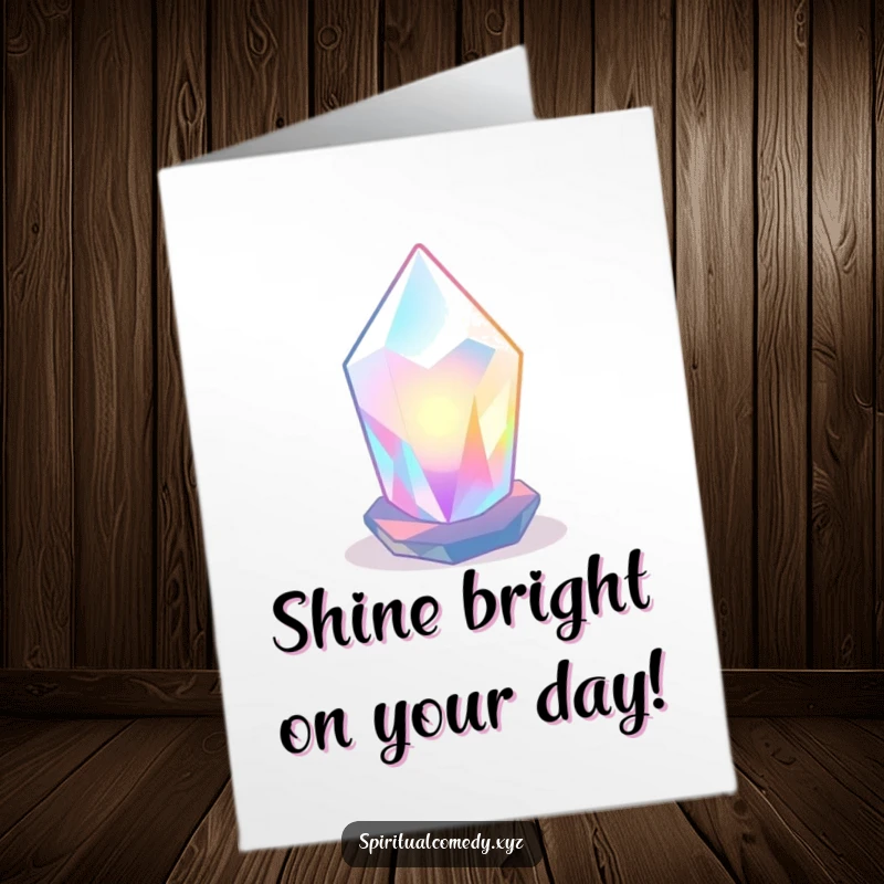 Free Printable Birthday Card: Stylized luminous crystal radiating soft, colored light in a tranquil space, wishing a bright birthday.