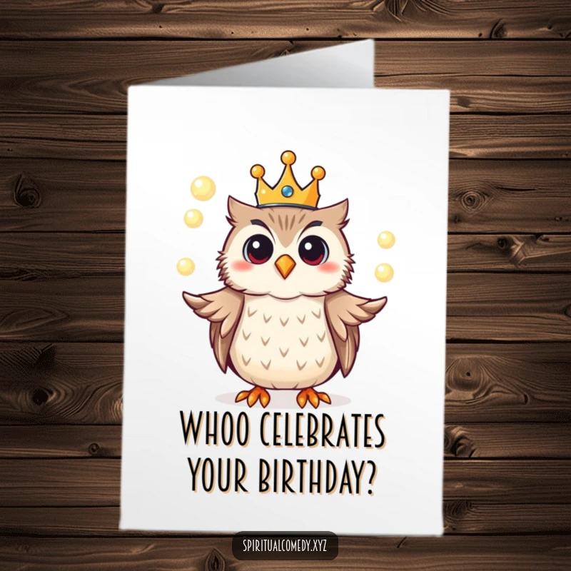 Funny free printable birthday card featuring a cheerful owl wearing a tiny crown and juggling glowing orbs.