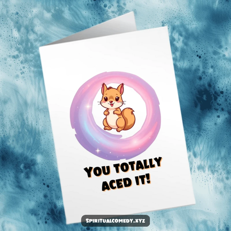 Funny Free Printable Congratulations Card: Squirrel reaching for the stars in a galaxy, celebrating success, ideal for downloadable art.