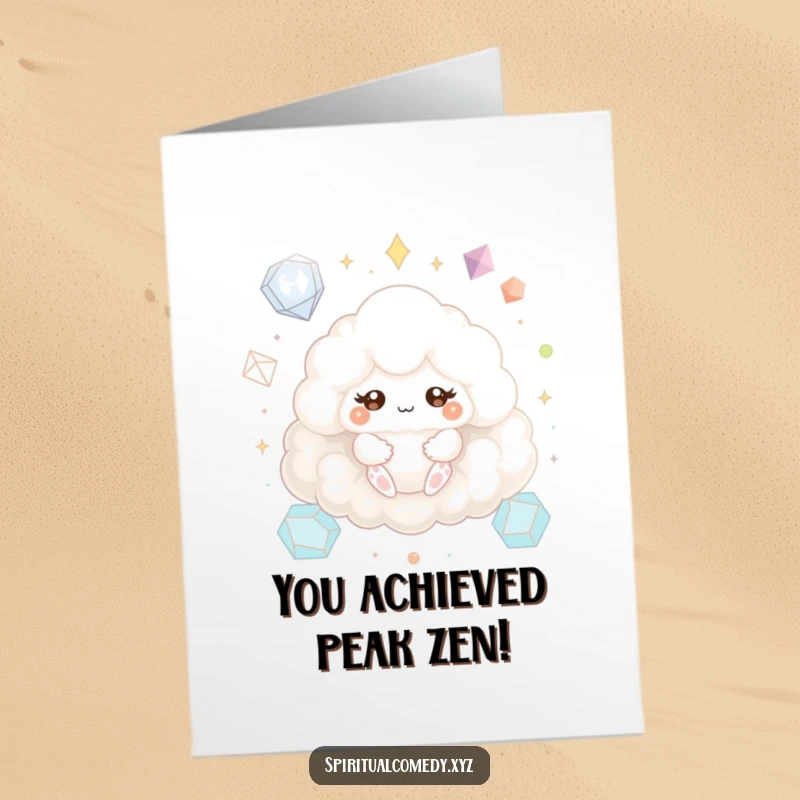 Funny Free Printable Congrats Card: Fluffy cloud creature meditating, sparkling eyes, geometric shapes, celebrating success with humor.