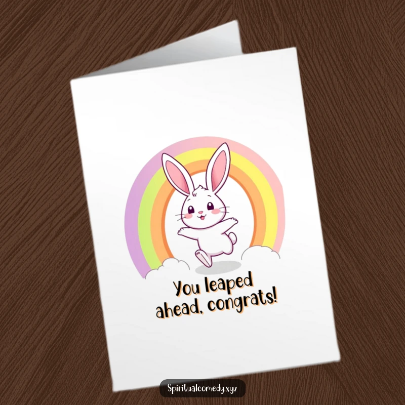 Funny free printable congratulations card showing a happy bunny leaping through a colorful rainbow portal.