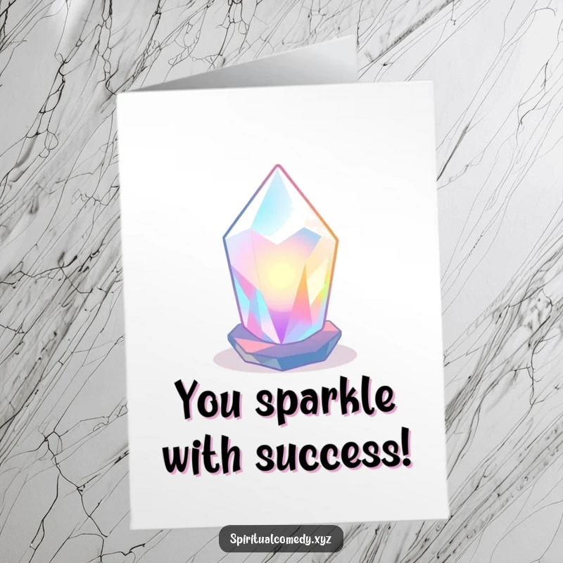 Free Printable Congrats Card: Luminous crystal radiating colored light, symbolizing success and bright achievements, tranquil space background.