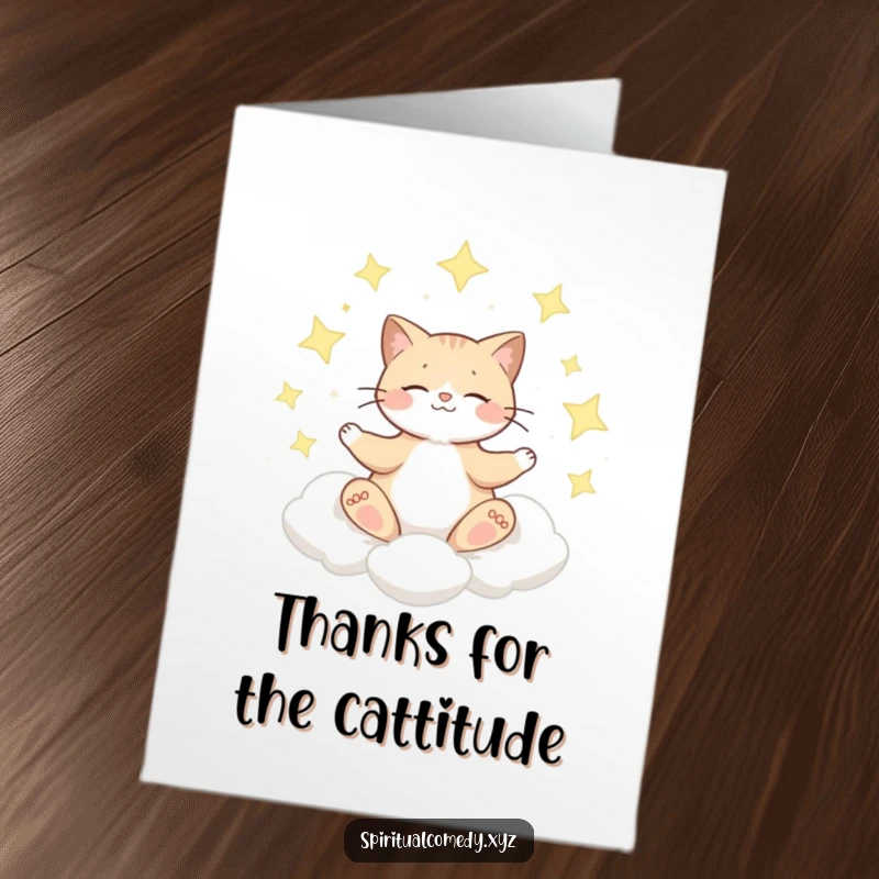 Funny free printable thank you card featuring a meditating cat on a cloud surrounded by twinkling stars.