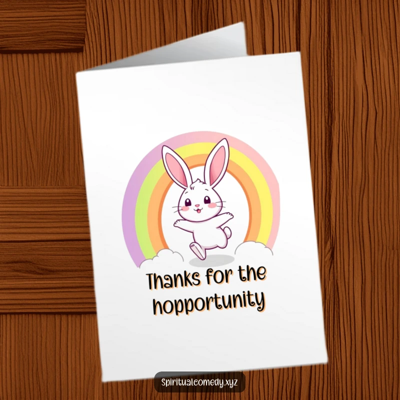 Funny free printable thank you card depicting a curious bunny joyfully hopping through a rainbow portal.