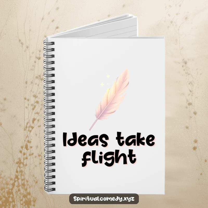 Funny notebook with a single, elegantly drawn feather descending gently through soft diffused light, great for humorous journaling.