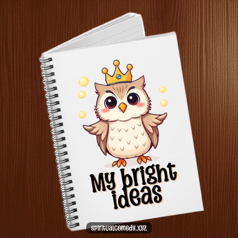 Funny notebook cover with a crowned owl juggling glowing orbs of light, perfect for note-taking enthusiasts.
