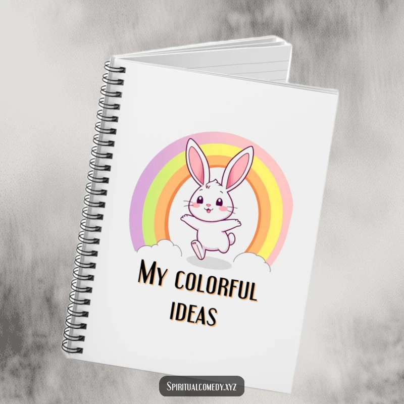 Funny notebook cover with a curious bunny joyfully hopping through a vibrant rainbow portal.