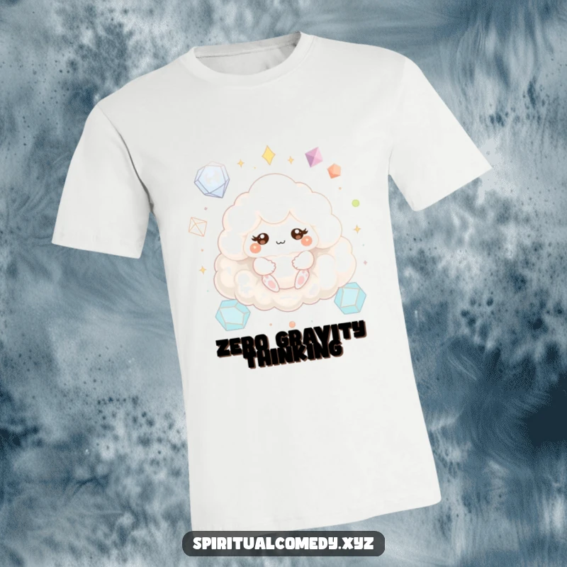Funny t-shirt with a fluffy cloud creature meditating serenely with sparkling eyes amid floating geometric shapes, a humorous zen apparel.