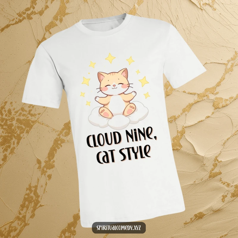 Funny t-shirt depicting a playful cat meditating peacefully on a fluffy cloud amidst a backdrop of twinkling, shimmering stars.