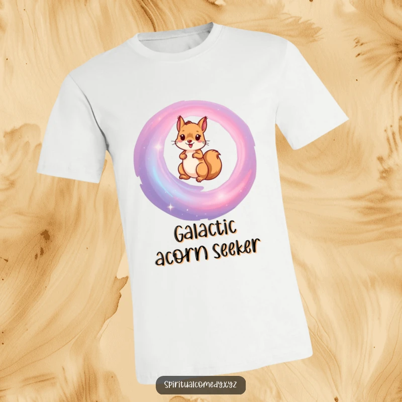 Funny t-shirt featuring a small squirrel heroically climbing a swirling, colorful spiral galaxy in space, a truly humorous cosmic scene.