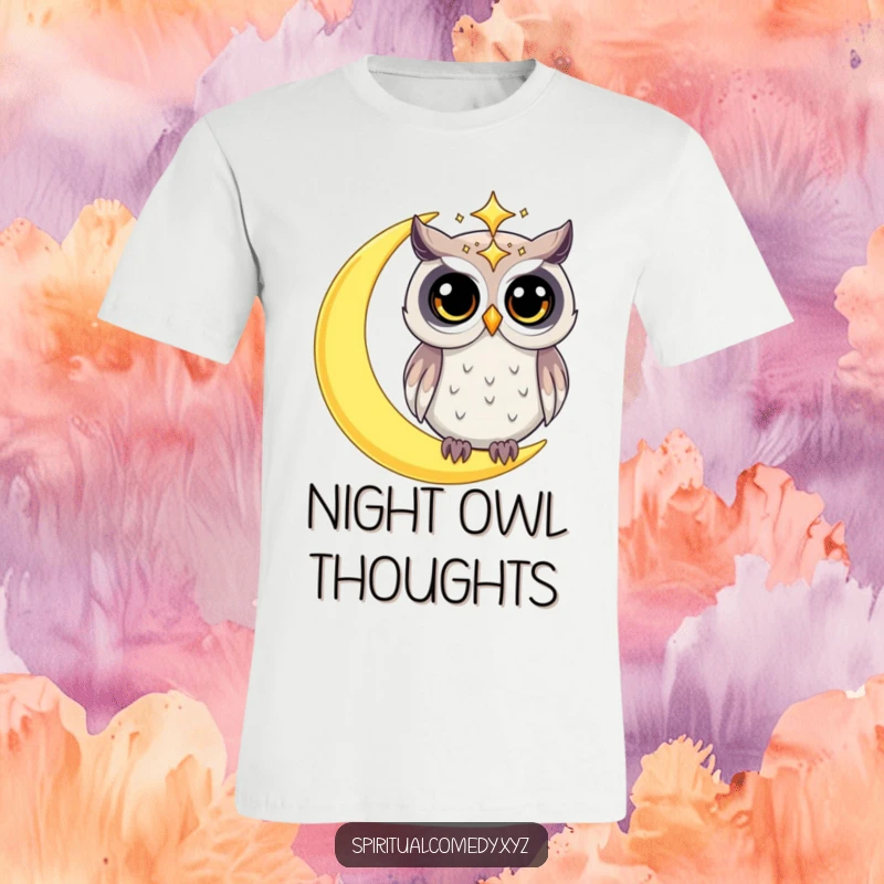 Funny t-shirt depicting a starry celestial owl with wide, curious eyes on a crescent moon, a humorous apparel for stargazers.