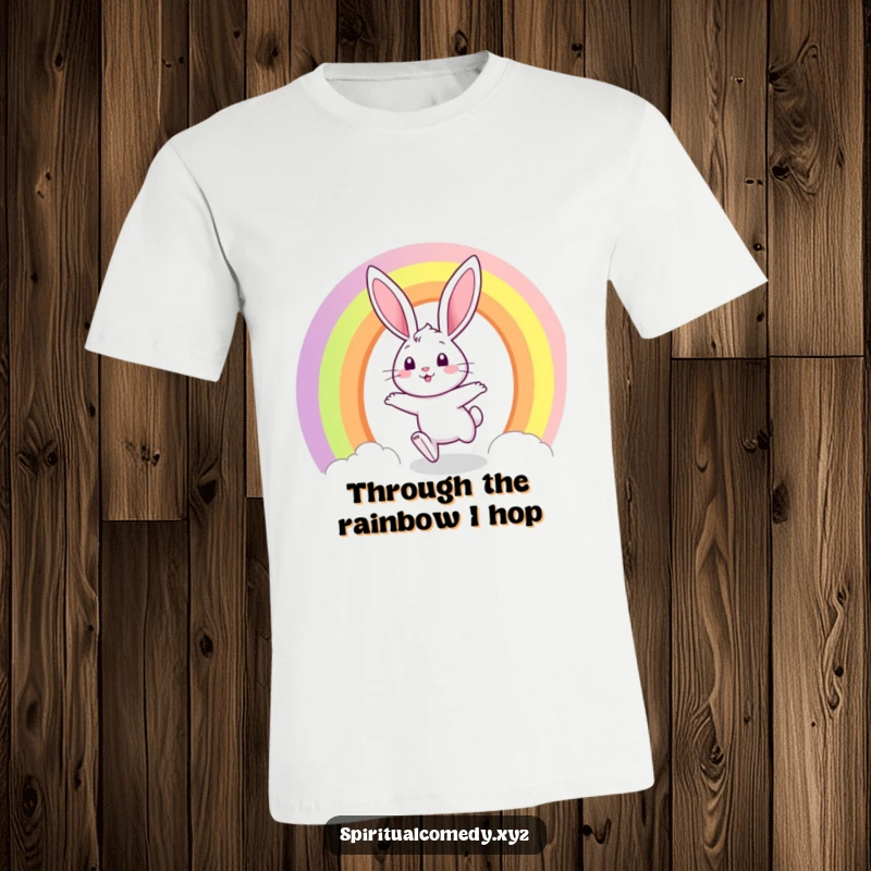 Funny t-shirt depicting a curious bunny with a joyful expression, hopping exuberantly through a swirling, vibrant rainbow portal.