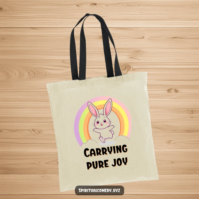 Funny tote bag showcasing a curious bunny joyfully hopping through a colorful rainbow portal, perfect for carrying essentials.