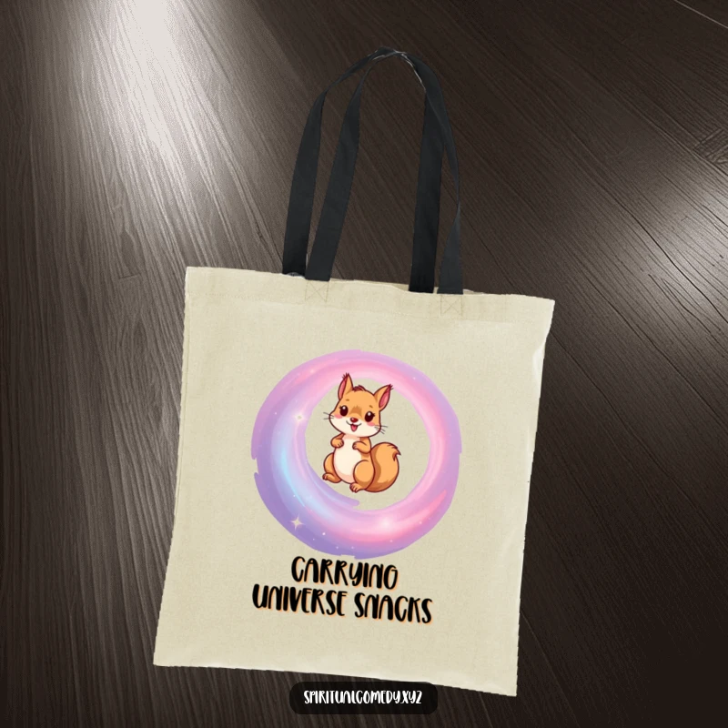 Funny tote bag showcasing a determined squirrel climbing a vast, colorful spiral galaxy, a humorous take on reaching for the stars.