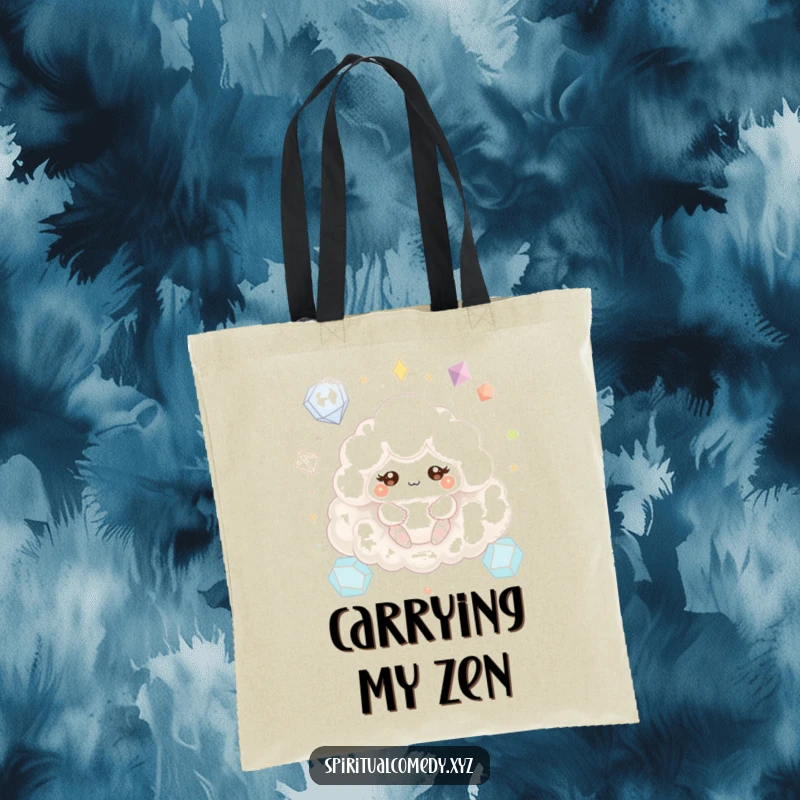 Funny tote bag featuring a fluffy cloud creature meditating peacefully with sparkling eyes and geometric shapes, perfect for zen-themed shopping.